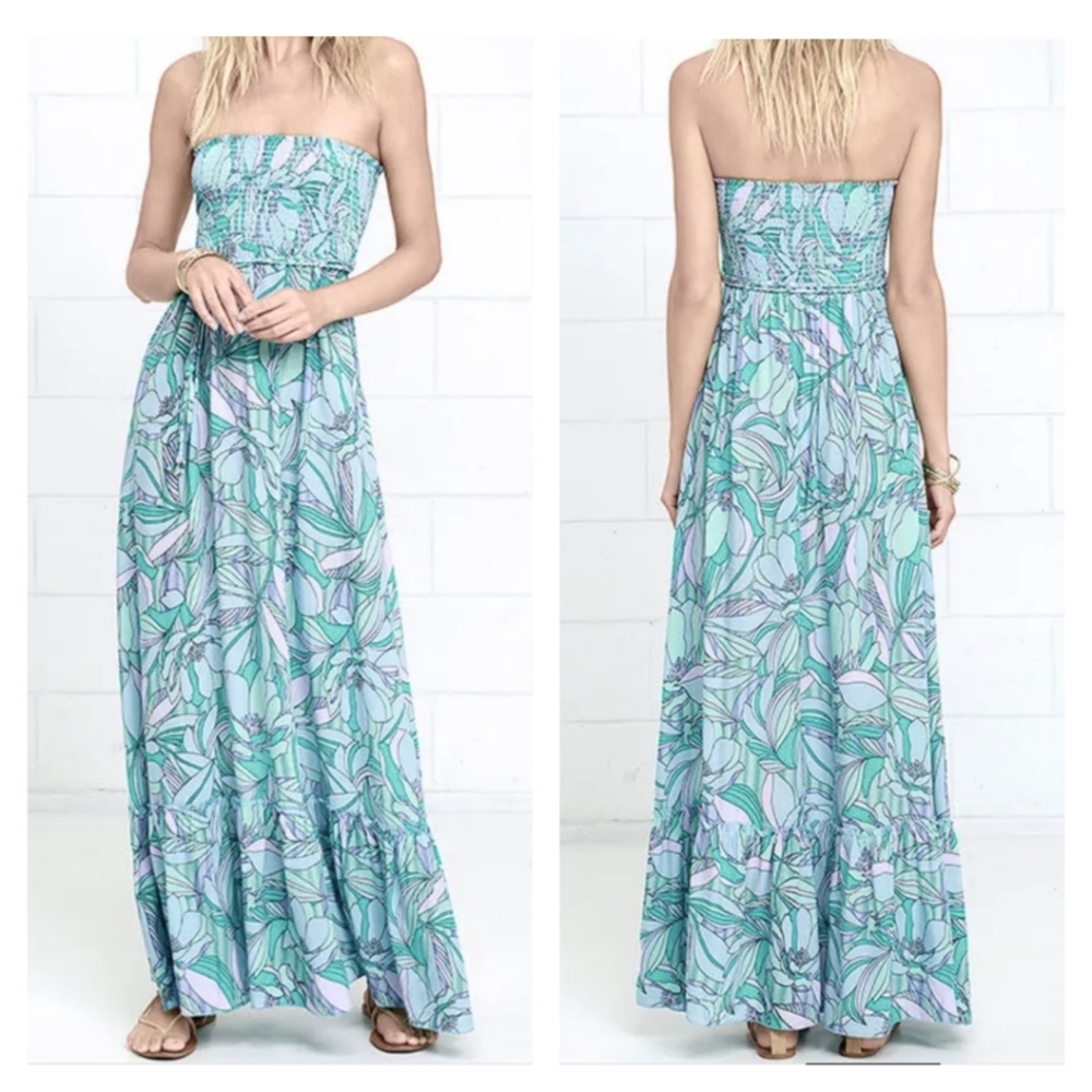 Lulus XL Tropical Tango Periwinkle Blue Strapless Floral Print Maxi Dress